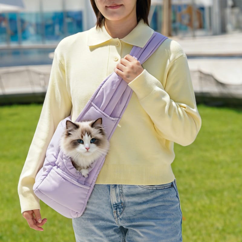 Mist purple cat carrier purse worn crossbody