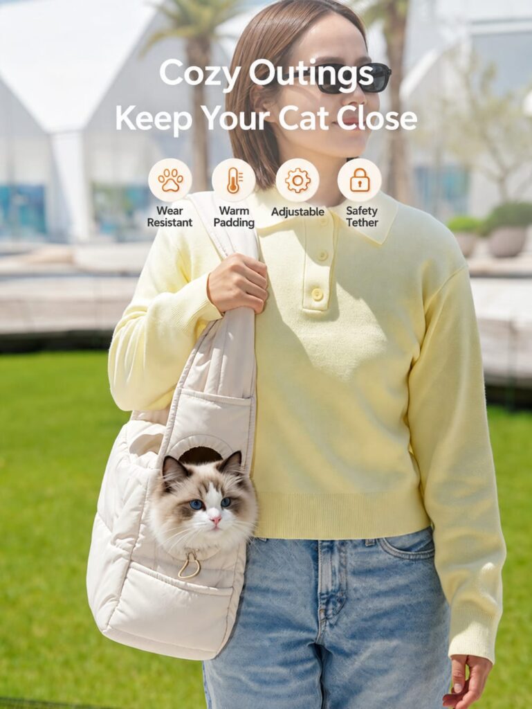Quilted cat purse with warm padding, adjustable fit and internal tether