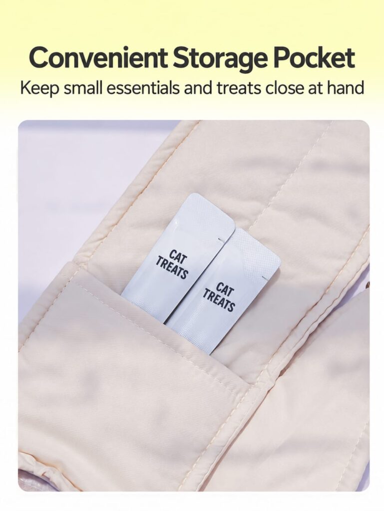 Storage pocket holding two packets of cat treats