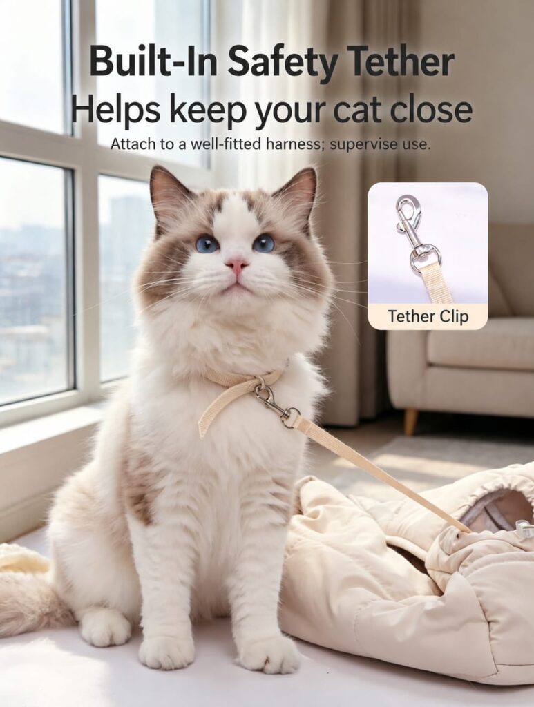 Internal tether and metal attachment clip on the cat carrier purse