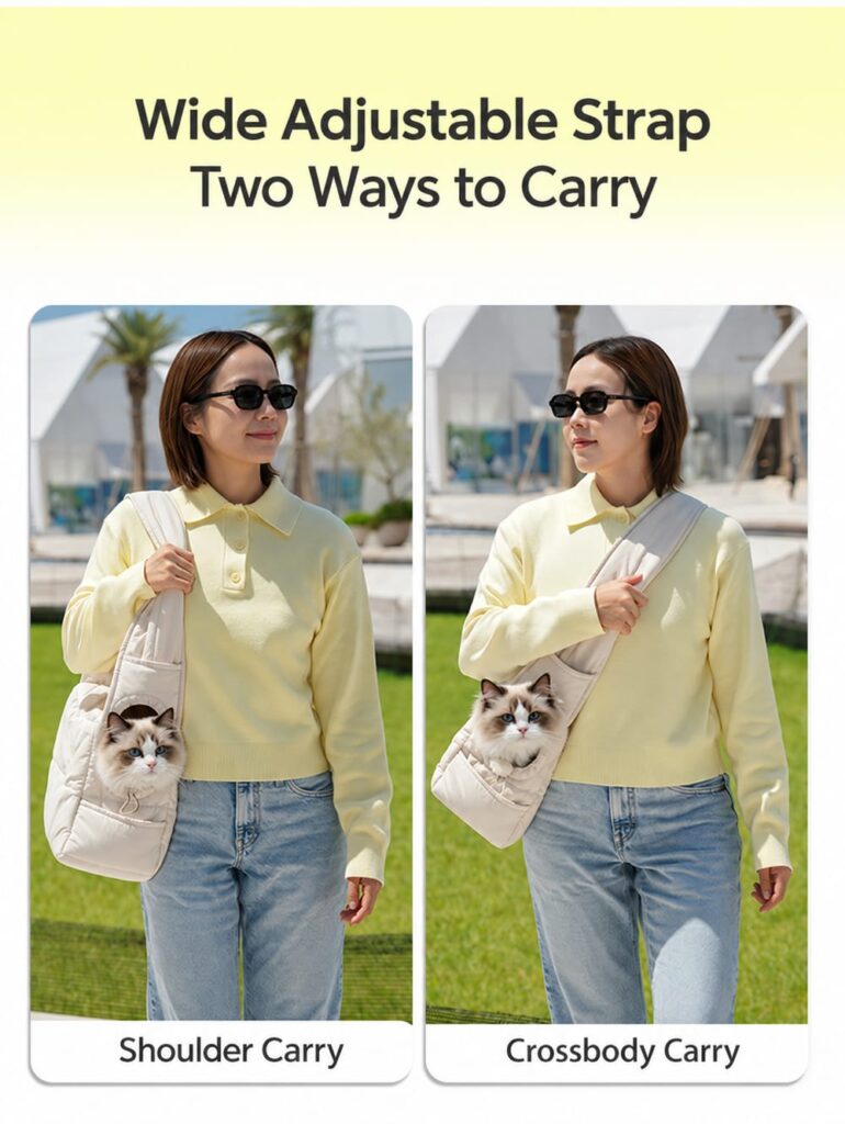 Adjustable wide strap shown in shoulder and crossbody carrying positions