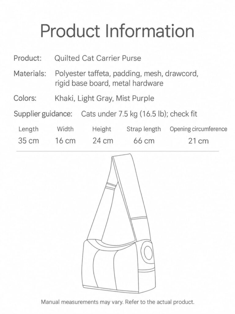 English specifications for the 35 by 16 by 24 cm cat carrier purse