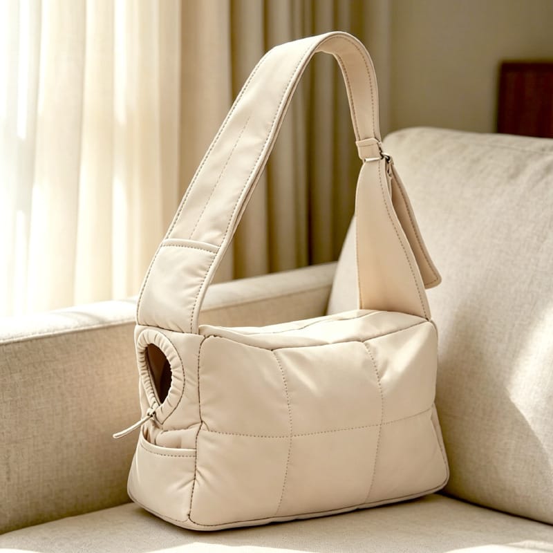 Khaki quilted cat carrier purse on a sofa