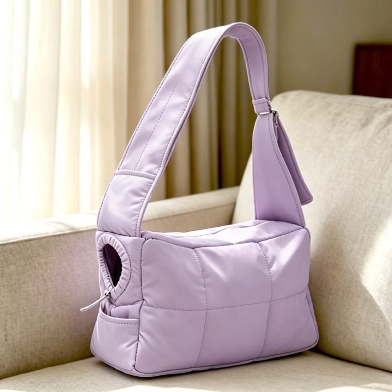 Mist purple quilted cat carrier purse on a sofa