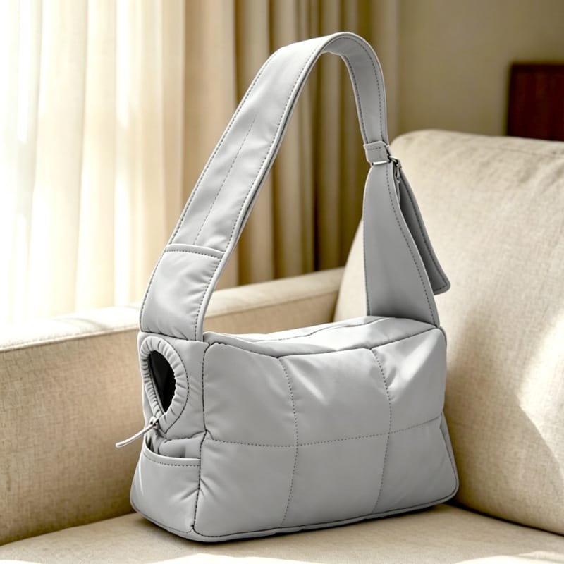 Light gray quilted cat carrier purse on a sofa