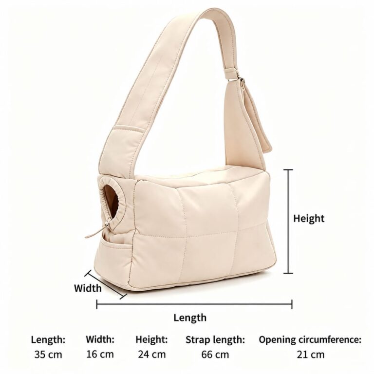 Khaki small cat carrier purse with English dimensions