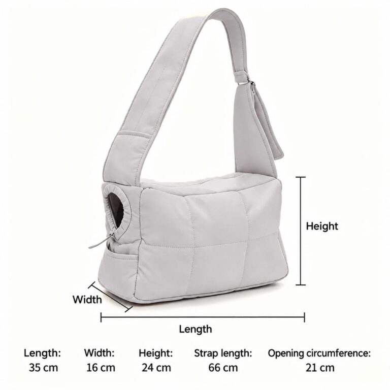 Light gray small cat carrier purse with English dimensions