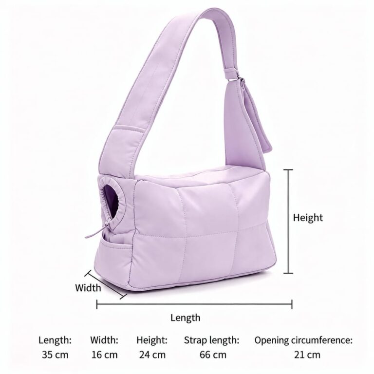 Mist purple small cat carrier purse with English dimensions
